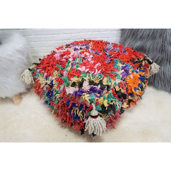 Vintage Moroccan Boucherouite Floor Pillow: Upcycled Berber Pouf Ottoman - Picture 1 of 10